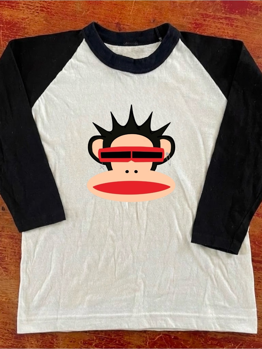 Bella Canvas Black & White Raglan Tee with Red-Accented Monkey Graphic